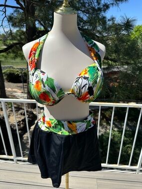 VENUS Green Orange Yellow Floral Trim  bikini top with skirt bottom